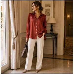 Bailey 44 Shirt XL Burnt Sienna Rhinestone Embellished Sheer Quiet Luxury Office
